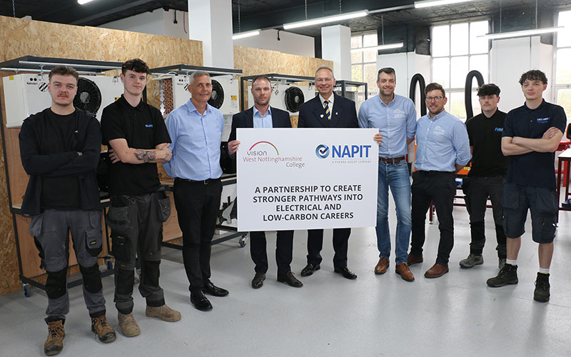 College principal Andrew Cropley (fifth right) and NAPIT’s commercial and compliance director Stephen Melton (fourth left) launch the partnership, joined by NAPIT’s head of training Brett Forster (third left), the college’s head of centre for building services Andrew Stevens and apprenticeships manager Paul Stringer (third and fourth right), and refrigeration, air conditioning and heat pump apprentices Finley Bellas, Cole Fisher, Archie Sellars and Hayden Smalley.